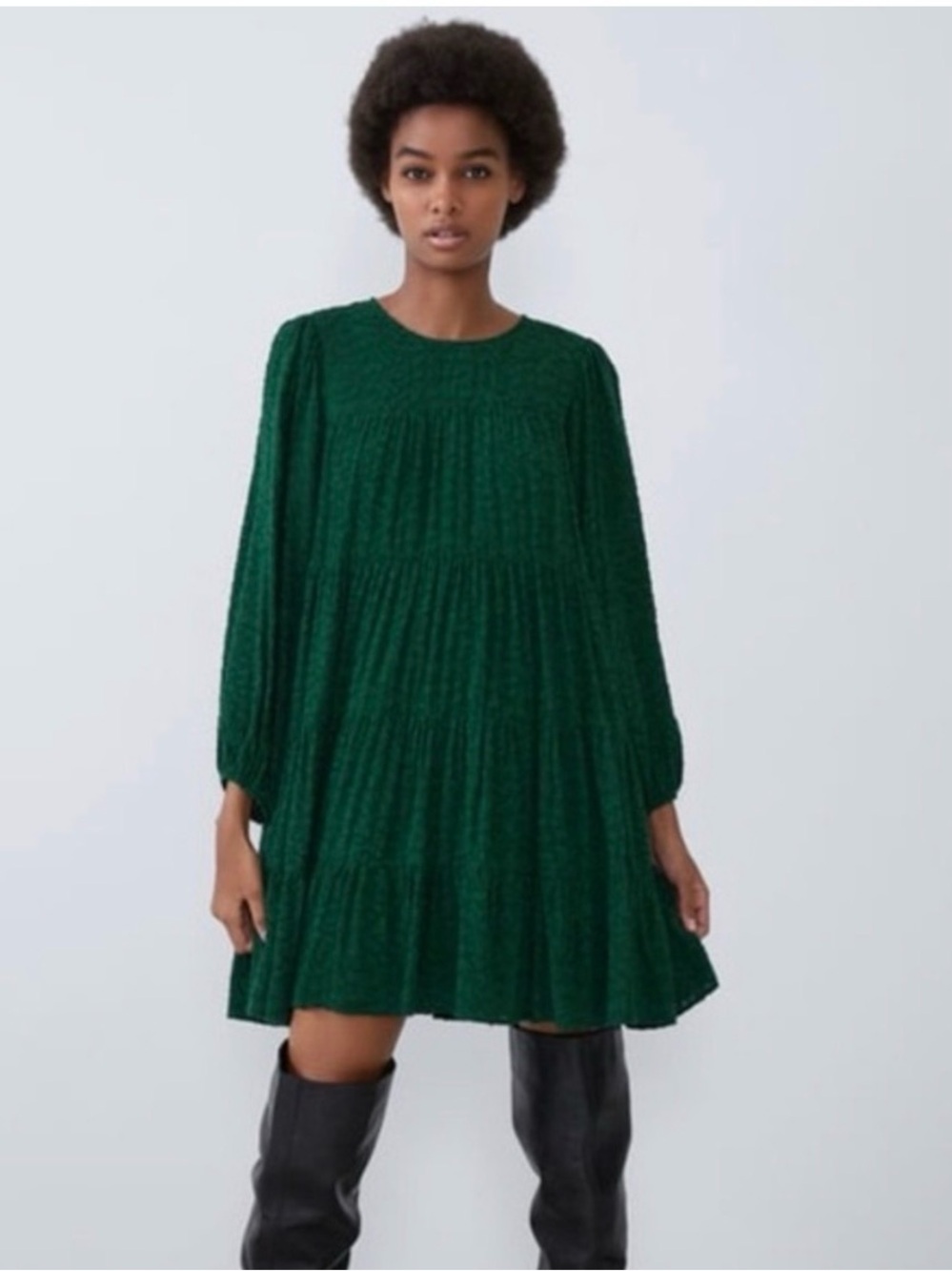 Zara Emerald Green Tiered Swing Mini Dress size XS